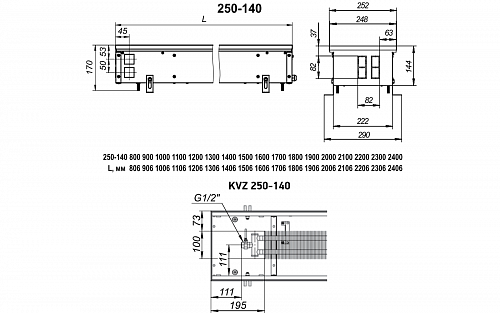 Techno Usual 250-140-2200 KVZ Внутрипольный конвектор с естественной конвекцией