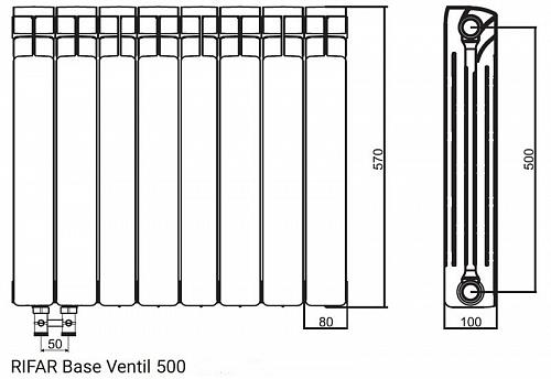 Rifar Base Ventil 500 04 секции биметаллический радиатор с нижним правым подключением